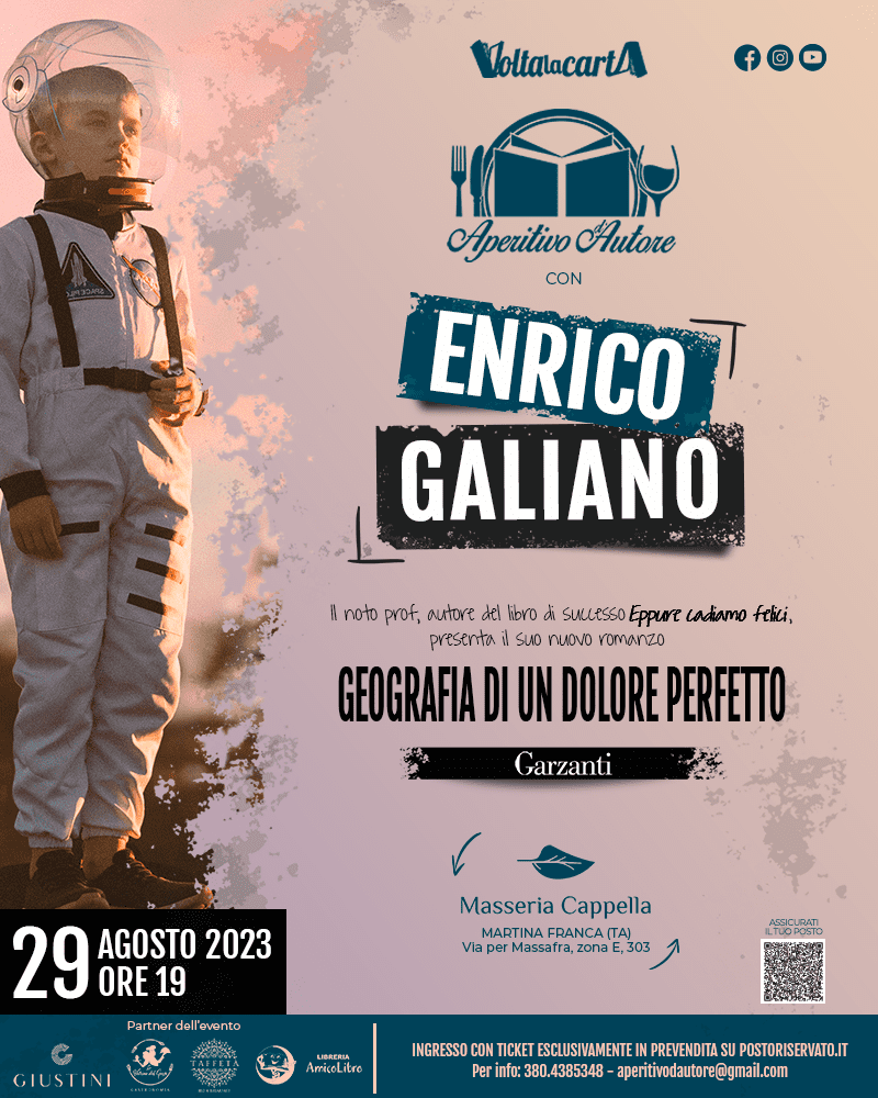 A Martina Franca, Enrico Galiano presenta il suo ultimo romanzo “Geografia  di un dolore perfetto”